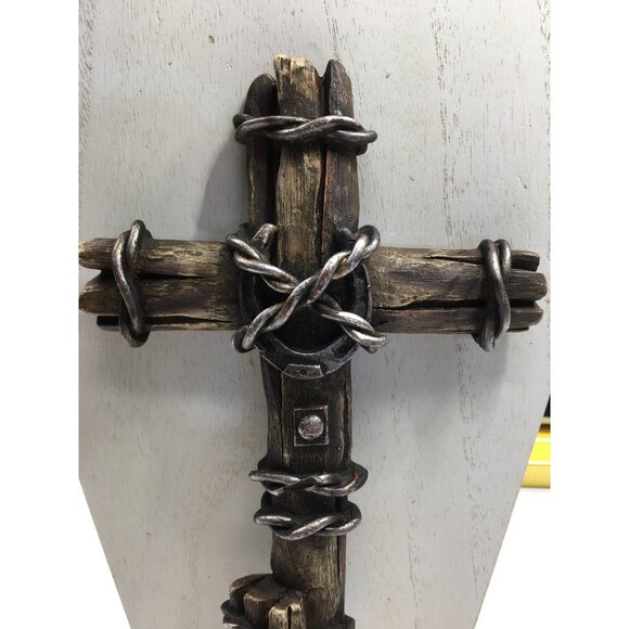 Cowboy Crucifix Western Wasll Cross Rustic Barbwire Horseshoe Rodeo Farmhouse - Picture 6 of 16
